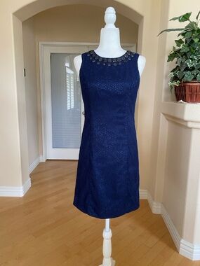 Trina Turk Navy Lace Overlay Jeweled 
Neckline Fitted Midi Dress